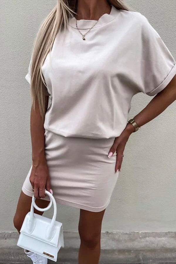 Crewneck Short Sleeve Waisted Solid Mini Dress