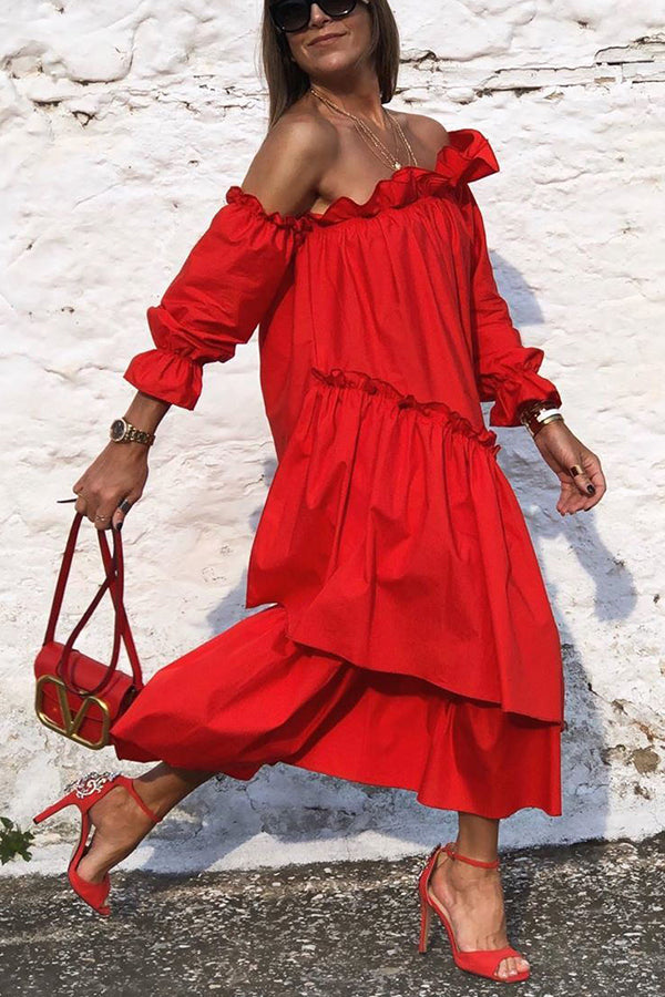 Fionna Off Shoulder Ruffle Irregular Trim Loose Midi Dress
