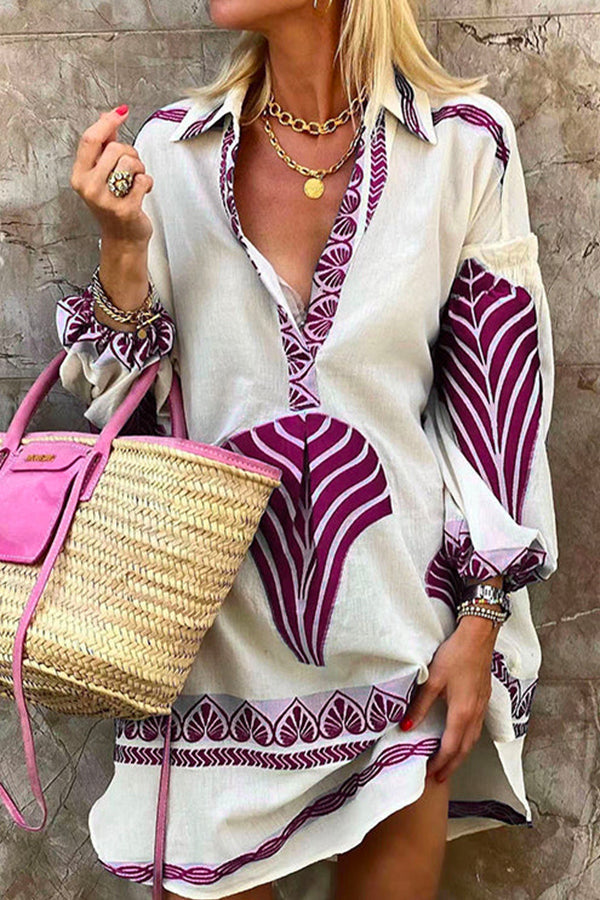 Lapel V Neck Long Sleeve Printed Shirt Dress