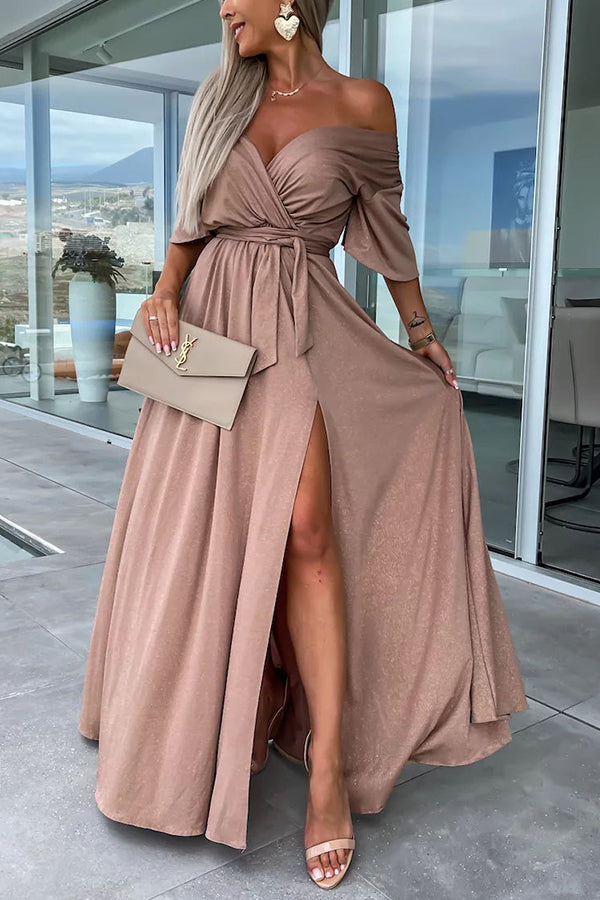 Call Me Confident Glitter Fabric Belted Slit Maxi Dress