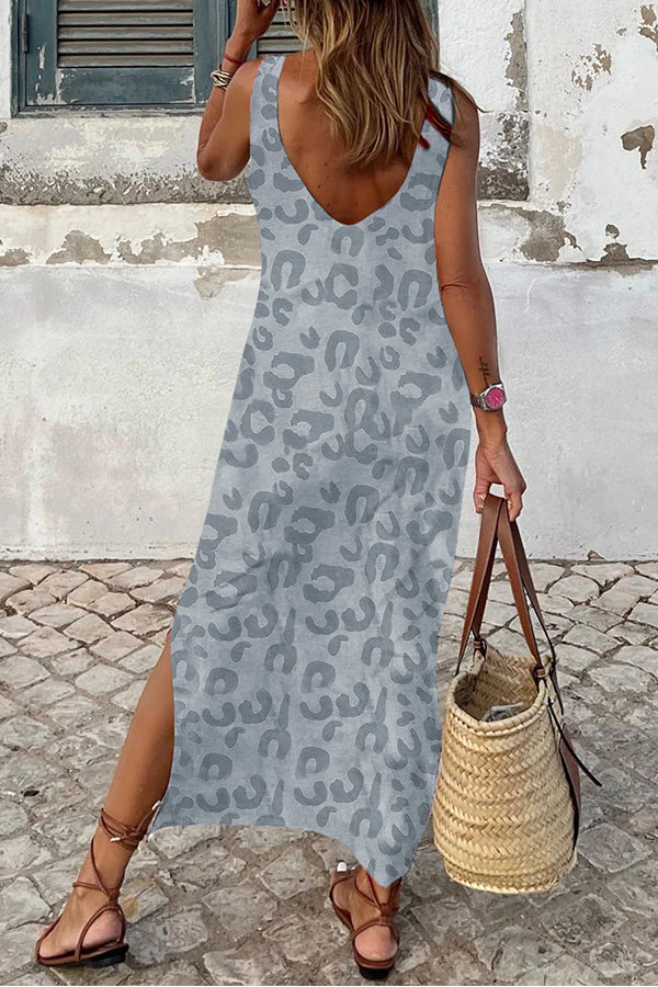 Gray Casual Leopard Print Side Slits Tank Maxi Dress