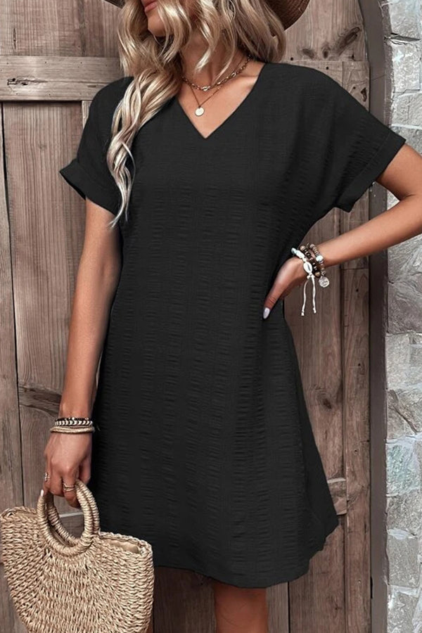 Fashion sexy slim V-neck solid color short-sleeved dress