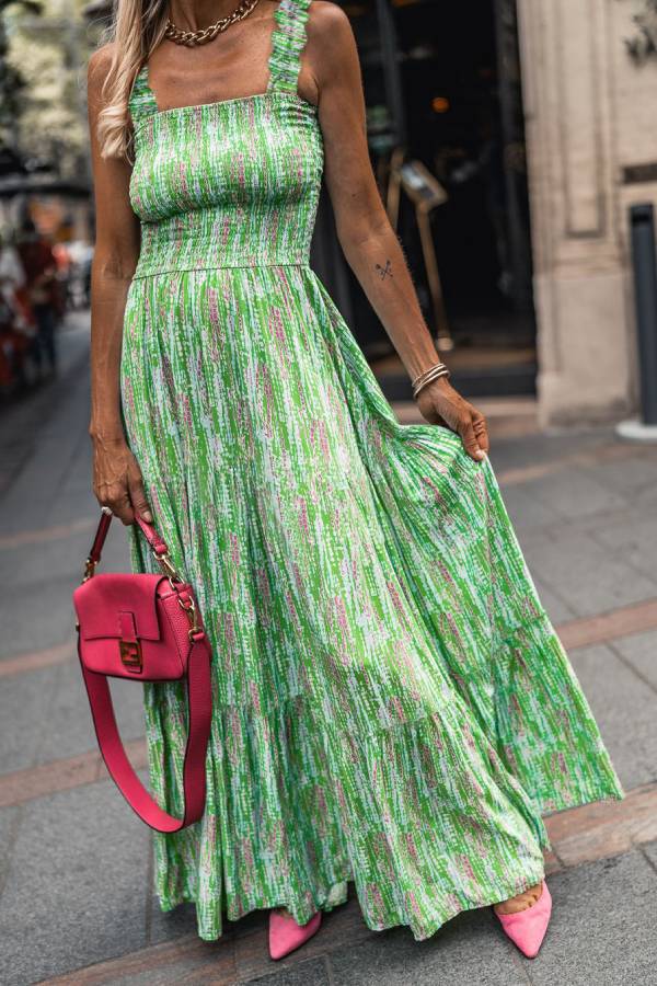 Green-French Sleeveless Floral Suspender Skirt
