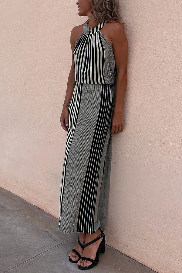 One More Chance Striped Adjustable Waist Halter Midi Dress