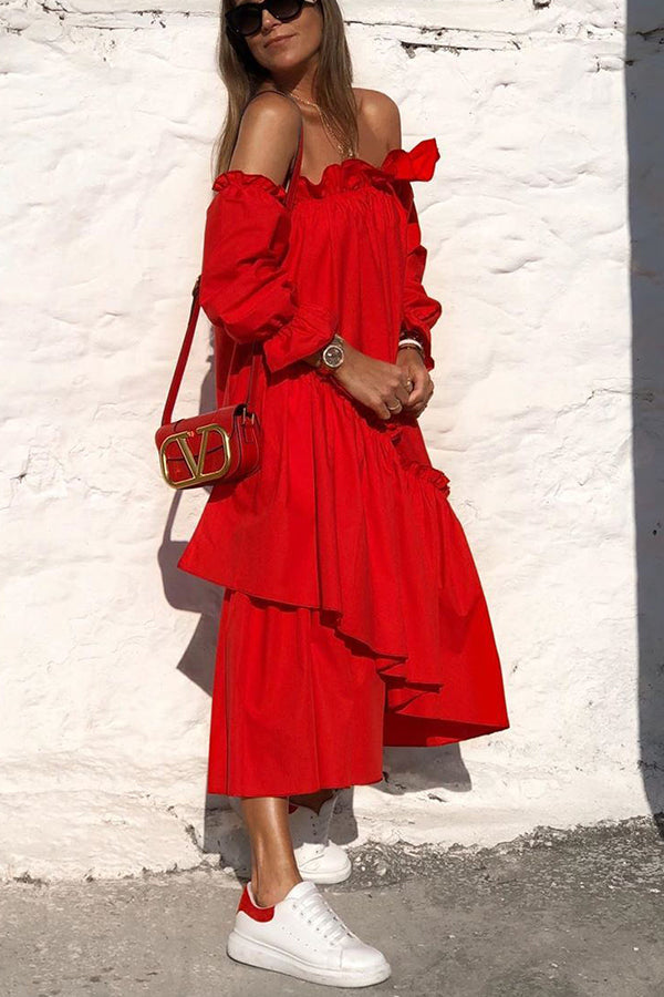 Fionna Off Shoulder Ruffle Irregular Trim Loose Midi Dress