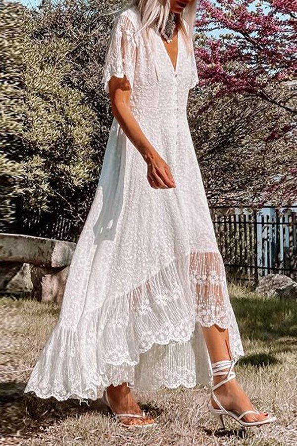 V Neck Slim Dress Floral Lace Midi Dress