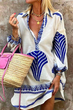 Lapel V Neck Long Sleeve Printed Shirt Dress