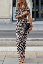 Warm Zebra Print Mirror Velvet Stretch Slim Fit Dress
