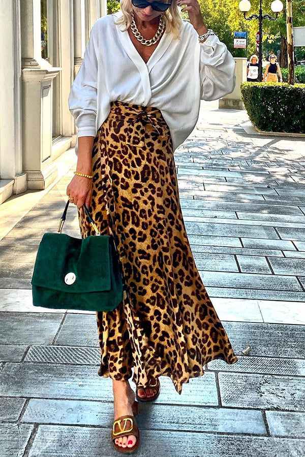 Today¡¯s Journey Satin Leopard Tie Front Elastic Waist Midi Skirt