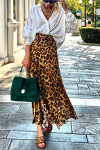 Today¡¯s Journey Satin Leopard Tie Front Elastic Waist Midi Skirt