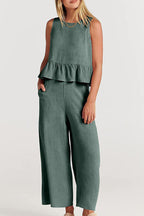 Sleeveless pleated vest wide-leg cropped pants casual suit