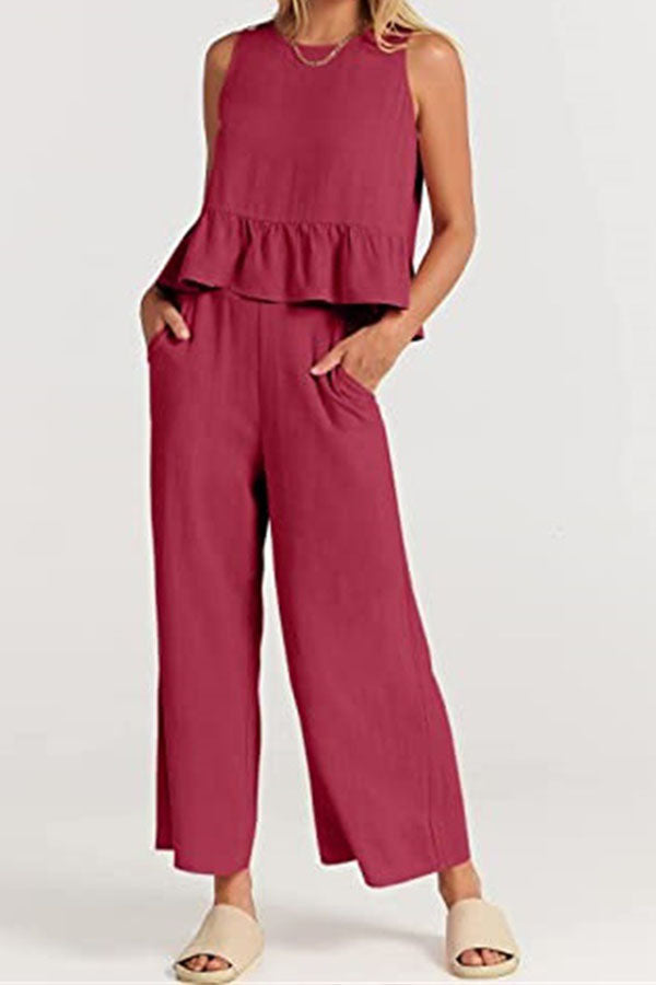 Sleeveless pleated vest wide-leg cropped pants casual suit