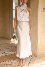 Perfectly Yours High Neck Elastic Waist Satin Drape Maxi Dress