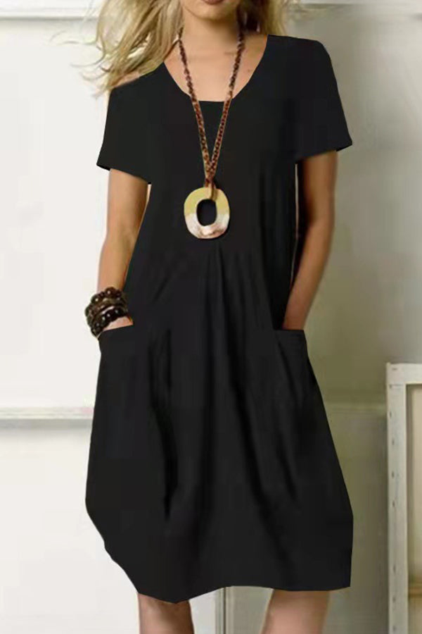 Cotton Linen Solid Color Loose Round Neck Short Sleeve Tank Dress