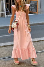 V-neck Waist Loose Hem Ruffled Long Dress