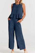 Sleeveless pleated vest wide-leg cropped pants casual suit