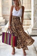 Today¡¯s Journey Satin Leopard Tie Front Elastic Waist Midi Skirt