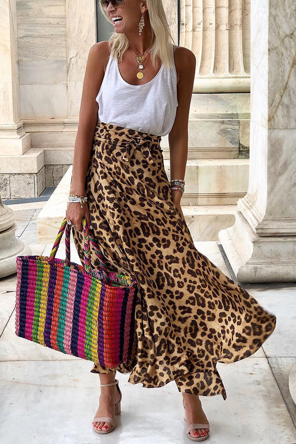 Today¡¯s Journey Satin Leopard Tie Front Elastic Waist Midi Skirt