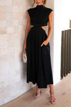 Solid Mockneck Cut Out Maxi A-line Swing Dress
