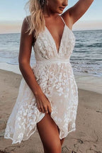 Lace Trim V-Neck Backless Dress