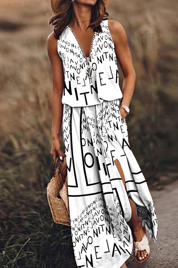 Sleeveless long dress casual women's waist zipper letter dress