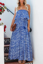 Summer Picnic Printed Elastic Waist Strapless Tie Maxi Dress