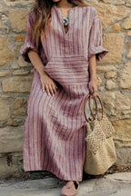 Cotton and linen yarn-dyed striped loose long dress