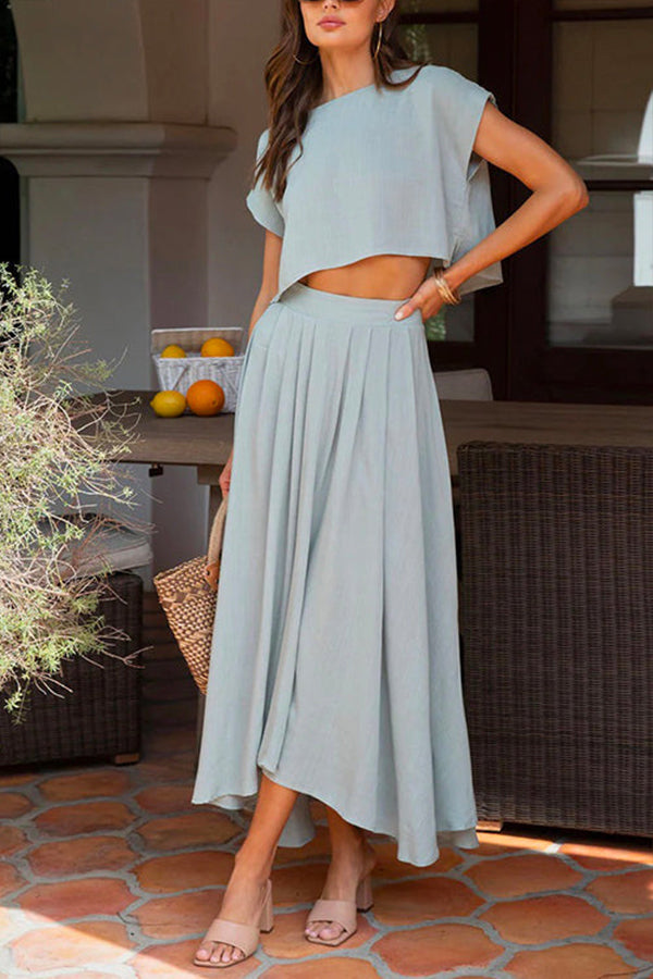 Short Sleeve Crop Top and Maxi Pleated Skirt Set