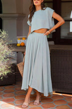 Short Sleeve Crop Top and Maxi Pleated Skirt Set
