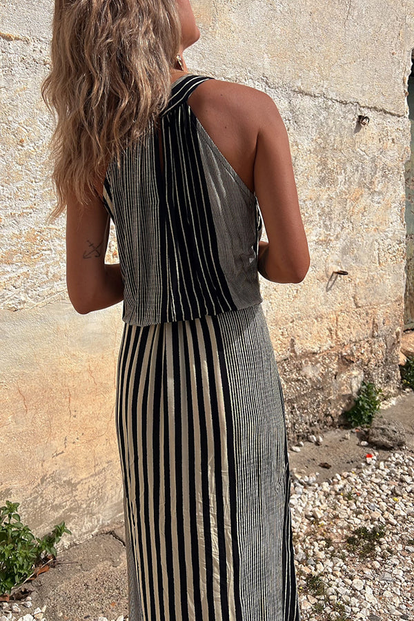 One More Chance Striped Adjustable Waist Halter Midi Dress