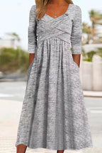 V Neck Long Sleeve Cross Front A-Line Swing Dress