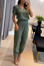 Jemma Puff Sleeve Top and High Waist Pocketed Cuffed Pants Set
