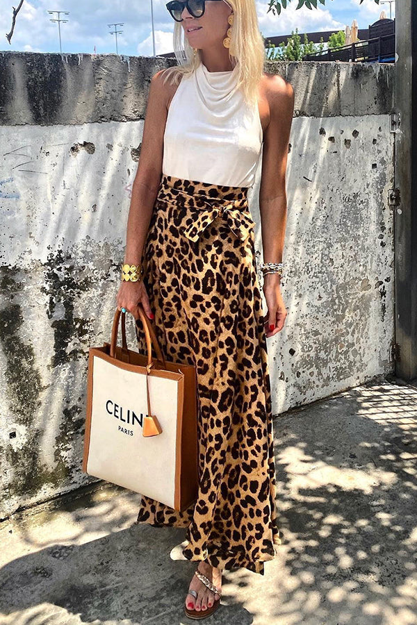 Today¡¯s Journey Satin Leopard Tie Front Elastic Waist Midi Skirt
