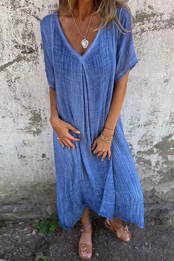 V Neck Loose Fit Cotton Linen Midi Dress