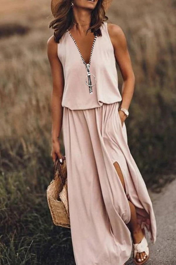 Sleeveless long dress casual women's waist zipper letter dress