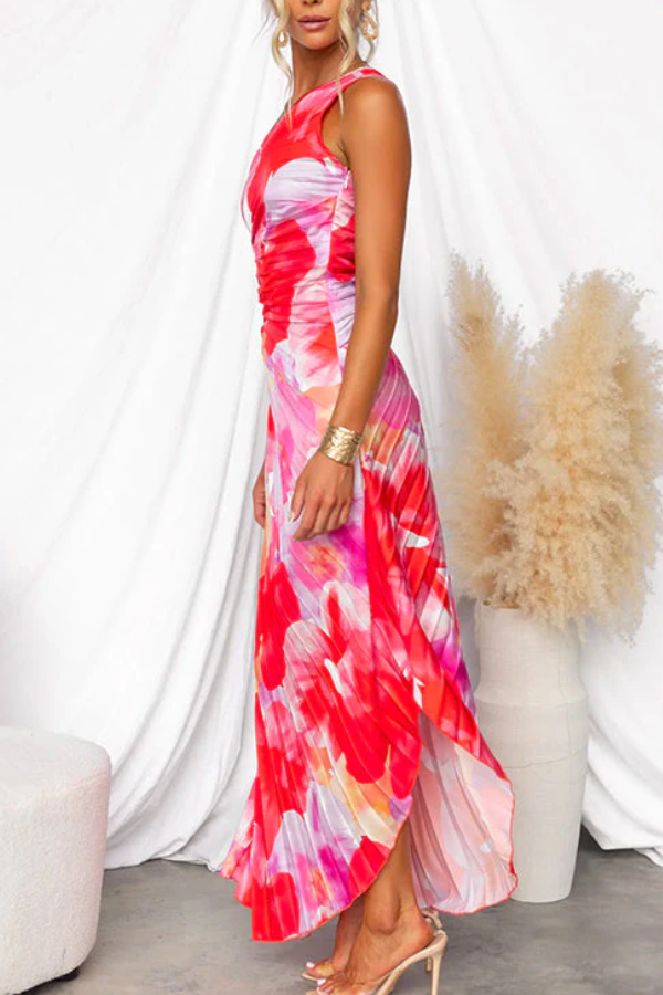 One Shoulder Sleeveless Print Asymmetric Maxi Pleated Dress