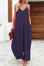 Solid Color Side Pocket Casual Wide-leg Suspender Jumpsuit