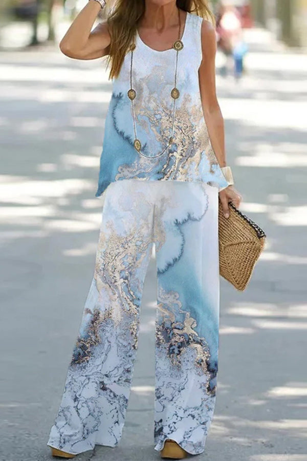 Casual Summer Sleeveless T-Shirt Trousers Two-Piece Set