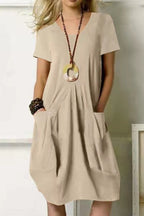 Cotton Linen Solid Color Loose Round Neck Short Sleeve Tank Dress