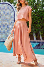 Short Sleeve Crop Top and Maxi Pleated Skirt Set