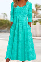 V Neck Long Sleeve Cross Front A-Line Swing Dress