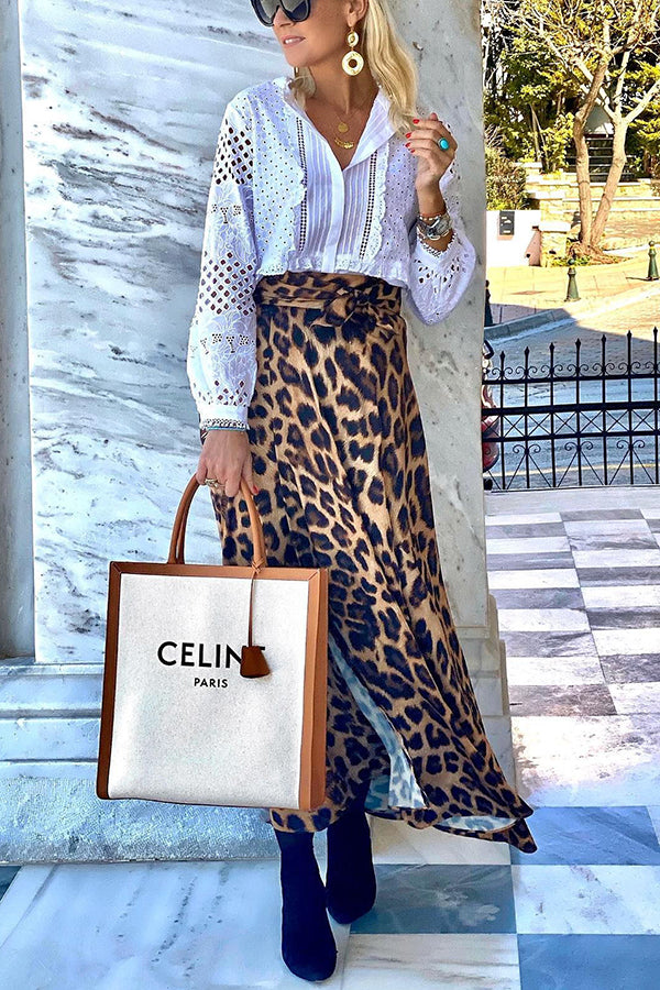 Today¡¯s Journey Satin Leopard Tie Front Elastic Waist Midi Skirt