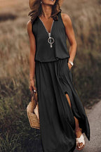 Sleeveless long dress casual women's waist zipper letter dress