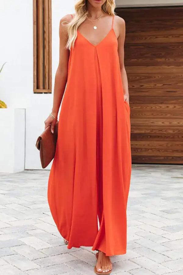 Solid Color Side Pocket Casual Wide-leg Suspender Jumpsuit