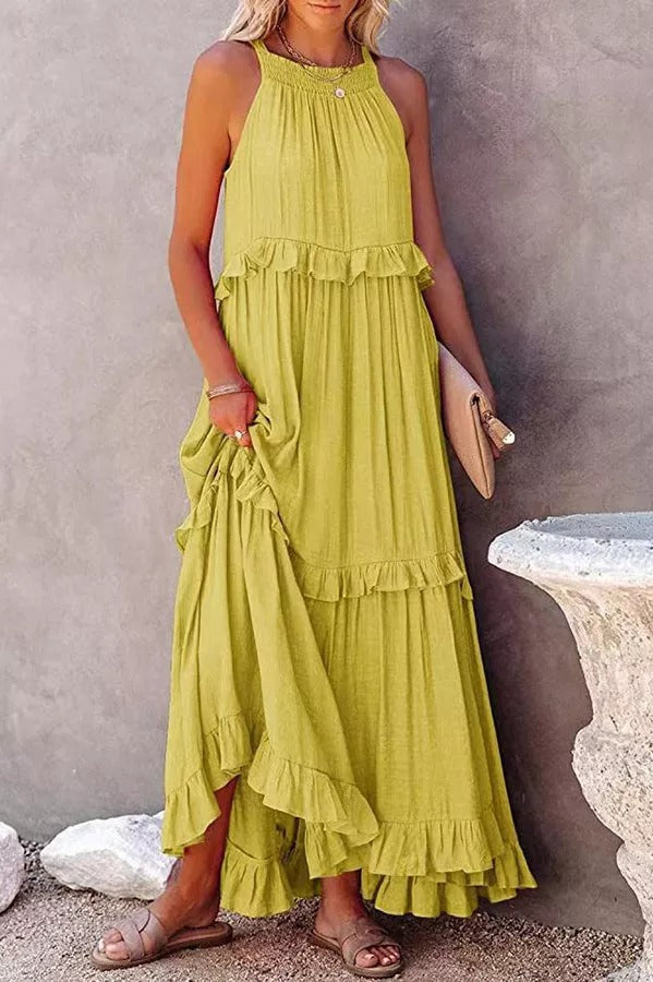Vittoria Shirred Ruffle Tiered Maxi Halter Dress