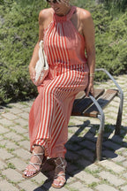 One More Chance Striped Adjustable Waist Halter Midi Dress