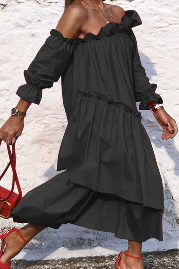 Fionna Off Shoulder Ruffle Irregular Trim Loose Midi Dress
