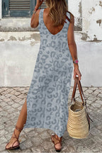Gray Casual Leopard Print Side Slits Tank Maxi Dress