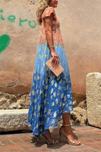 Evaluna Tie Dye Gradient Golden Flower Print Short Sleeve A-line Maxi Dress