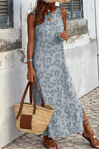 Gray Casual Leopard Print Side Slits Tank Maxi Dress